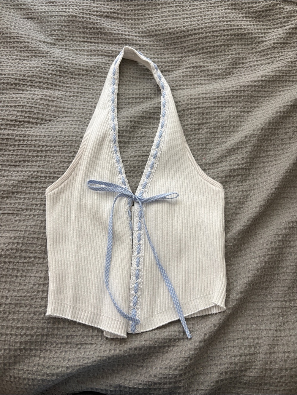 Windsor Cream Ribbed Halter Top with Light Blue Braid
